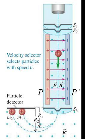 Example: In the mass spectrometer shown above, singly ionized (one electron removed) atoms are accelerated and then passed through a velocity selector consisting of perpendicular electric and