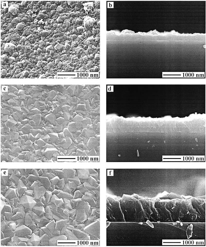 Fig. 9 SEM images of the surfaces and cross-sections of faujasite membranes synthesized on a- alumina wafers for (a, b) 3 h, (c, d) 12 h, and (e, f ) 21 h. (From Ref. 126.) I.
