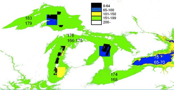 Figure 18 - Large lake anomalies over the North America Great Lakes. The JPL team also evaluated the affect of the masking on inland water bodies.