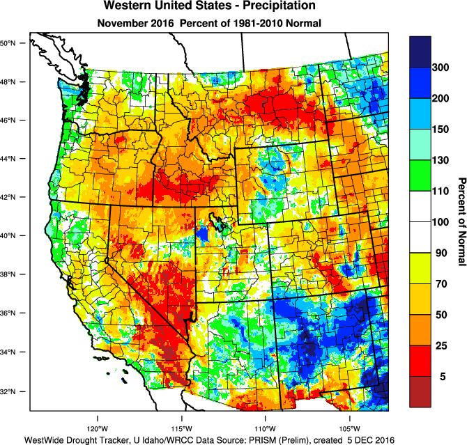 Temperatures during the month of November were warmer than normal across the west ranging from 0.5-1.0 F in portions of California to nearly 12 F above normal in the northern Rockies (Figure 1).