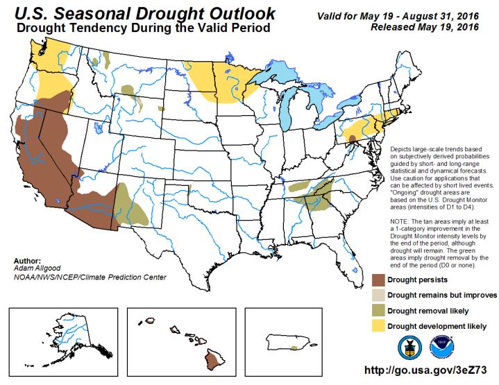 The US seasonal drought outlook forecasts that the driest regions in Arizona, California and Nevada will likely persist through the end of August and beyond, while drought development is likely into