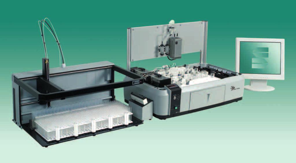 The sampler is configured with four racks of 35 positions with a sample volume capacity of up to 12 ml. Standards, blanks, and other internal check solutions are housed in 11 separate reservoirs.