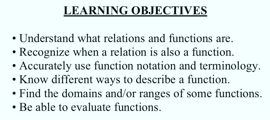 SECTION 1.1: FUNCTIONS (Section 1.1: Functions) 1.1.1 LEARNING OBJECTIVES Understand what relations and functions are. Recognize when a relation is also a function.
