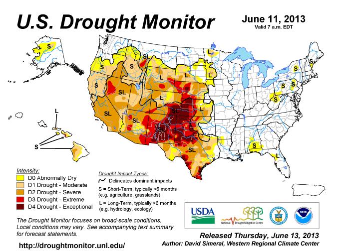 Figure 5. Example map of the U.S. Drought Monitor from the drought assessment issued for the week preceding June 11, 2013.