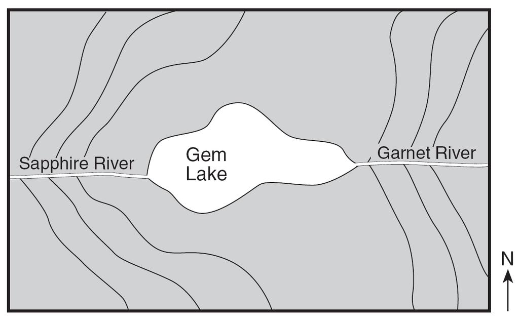 10. The topographic map below shows a lake and two rivers. In which direction does each of the rivers flow? A) The Sapphire River and the Garnet River both flow east.