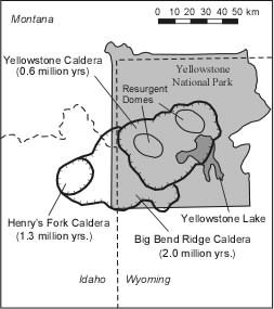 The Yellowstone caldera is an important example, as it illustrates the amount of repose time that might be expected from large rhyolitic systems, and the devastating effect caldera forming eruptions