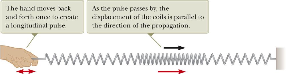 Longitudinal Wave A traveling wave or pulse that causes the elements of the disturbed medium to move parallel to the direction of propagation is called a longitudinal wave.