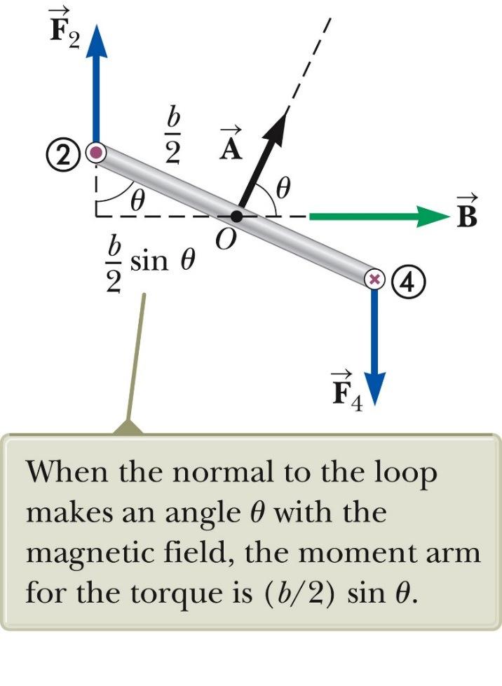 Torque on a Current Loop at an Angle with the B-field Assume the magnetic field makes an angle of q < 90 o with the normal direction of the loop.