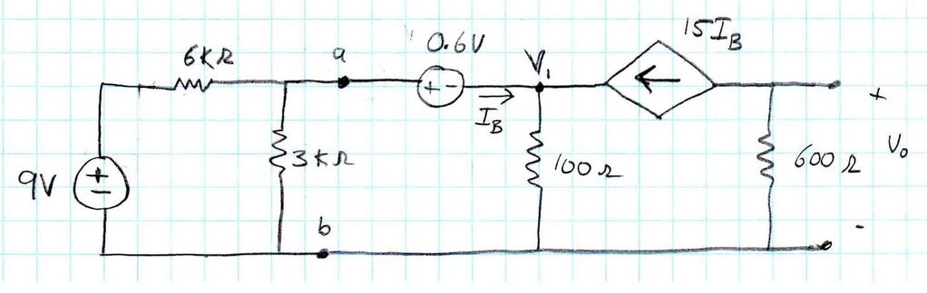 Question 2 (20 Points) 2A) (15 points) Use the node-voltage or mesh-current circuit analysis methods (or any other method you prefer) to solve for V 1 and I B in the circuit above.