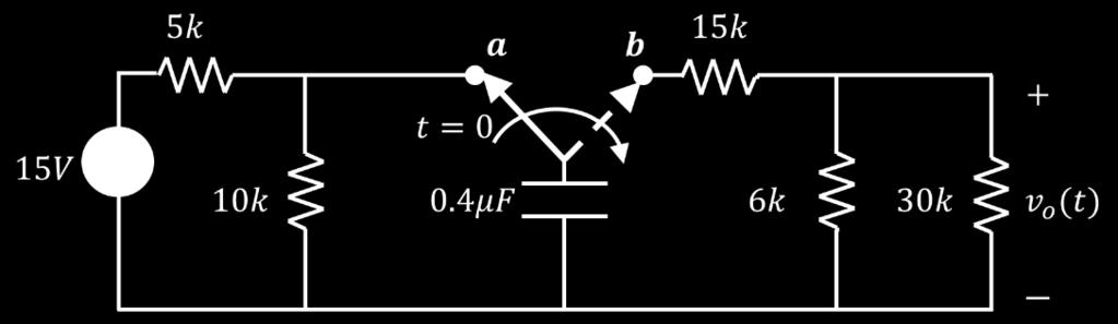 Find the initial energy stored in the capacitor at tt = 0. c. Find the time constant of the circuit after switching to position (bb).
