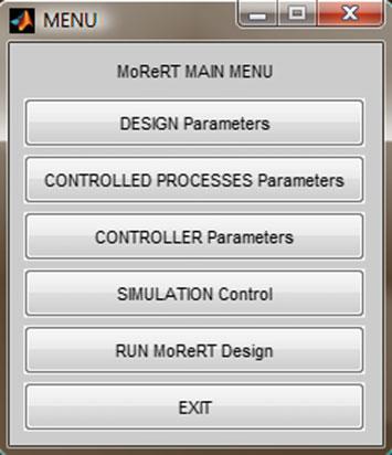 174 Appendix A: MoReRT Controllers Design Demo Software Fig. A.2 Program main menu user interface mrtfpcpid2psopupd.p: design parameter τ c iteration control, optimization function call.