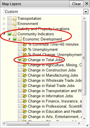 Open the Map Selection tool, and select Change in Total Jobs" from the Community Indicators menu (Figure 62).