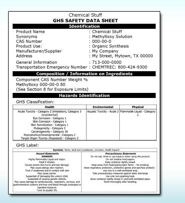 3006 Sections Information in a safety data sheet is divided into sections: Identification Composition/information on ingredients Hazard(s) identification First-aid measures Fire-fighting measures