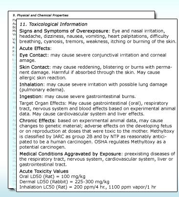 3017 Section 11: Toxicological Information A description of the various health effects and how to identify them should be listed, including: Information on likely routes of exposure Symptoms related