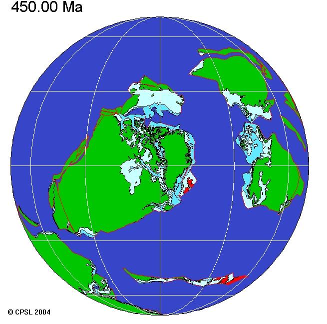 Figure 4.12: The 450 million year old Earth. Separate North America, Europe and Siberia with Gondwana formed of all today s southern hemisphere continents on the other side of the globe. Figure 4.