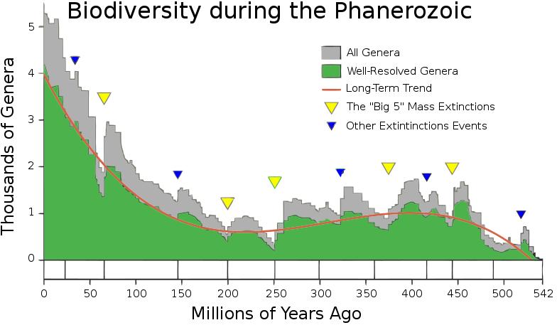 Figure 4.9: The change of biodiversity over time - showing major extinction events. the other groups, whilst others died out.
