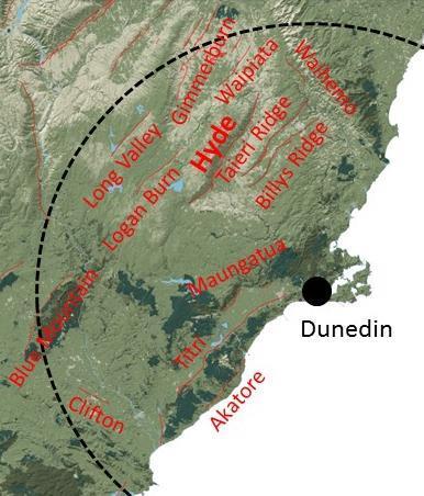 Dunedin 13 earthquake faults within 100 km
