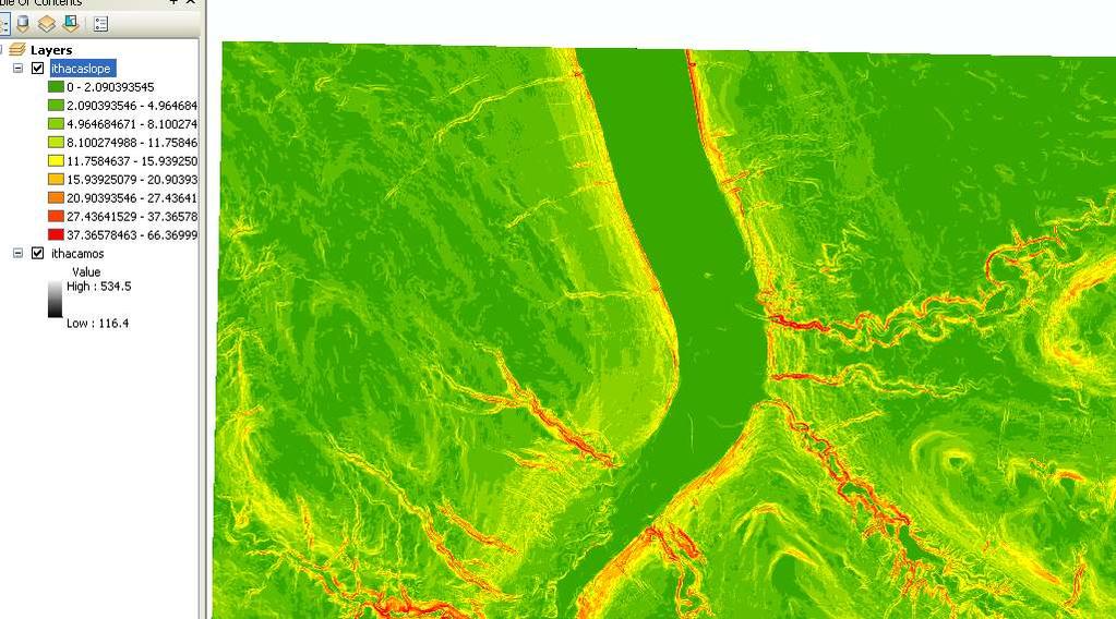 To create a slope map from the Ithacamos DEM: Go to ArcToolbox Spatial Analyst Tools Surface Slope. You will be presented with the window below. Identify the input surface, which is the Ithacamos.
