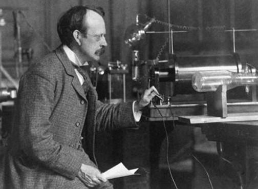J.J. Thomson's discovered the electron in 1897. Thomson was studying cathode rays, rays are emitted at the cathode, or negative terminal in a vacuum tube.