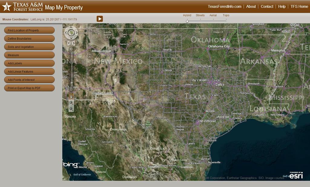 About Map My Property Map My Property is a mechanism for the Texas A&M Forest Service to provide users with tools to locate their property, draw and edit the property boundary, measure areas and