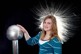 (c) The photograph shows a girl touching an electrostatic generator. The generator gives the girl s hair a positive charge.