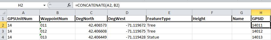 In Excel, concatenate GPSUnitNum and WaypoinNum into a new field called GPSID. This function is performed in Excel by typing =concatenate (cell1, cell2) in a new cell.