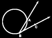 Figure 2: An angle whose sides are a chord and a tangent segment The angle ABC is equal to half the measure of arc AB (the minor arc defined by points A and B, of course).