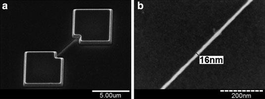 2 Fundamentals of Electron Beam Exposure and Development 29 Fig. 2.22 A sub-20 nm wide, 5 mm long doubly-clamped SiCN resonator (a), and (b) a magnified image of the bridge showing a width of 16 2nm[53] Fig.