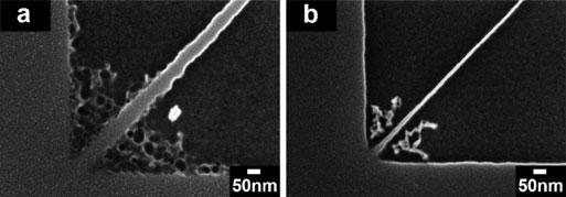 31 SEM images of un-released SiCN masking layer at the pad-resonator interface developed using (a) standard TMAH recipe (A) with centre width 48 5 nm, and (b) with modified hot TMAH-BOE-TMAH recipe
