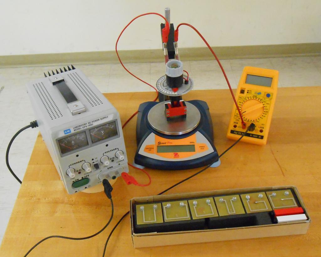 Experiment 19: The Current Balance Figure 19.1: Current Balance Arrangement for Varying Current or Length From Left to Right: Power Supply, Current Balance Assembly, Ammeter (20A DCA scale, 20A jack).