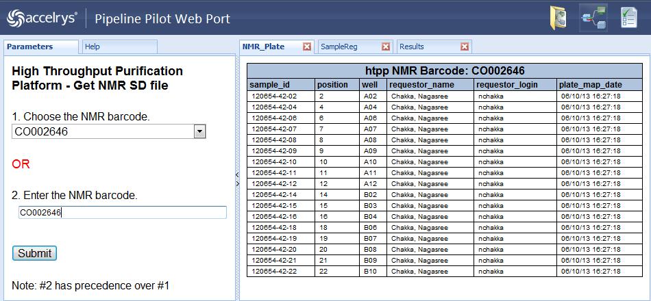 HTPP-NMR and Singleton Plates Pipeline Pilot is a query tool that allows us to download sample submittal metadata