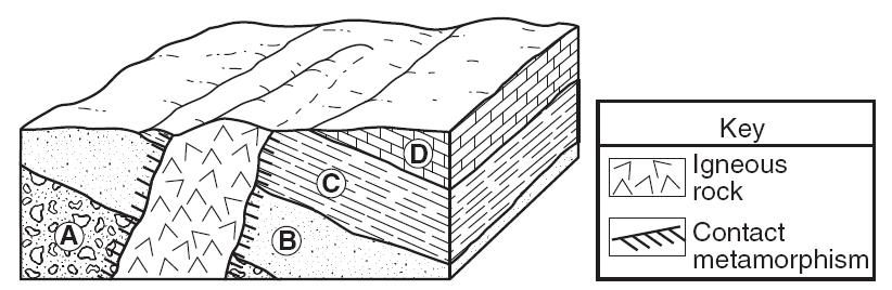 Base your answers to questions 21 through 23 on the block diagram below, which shows a portion of Earth s crust. Letters A, B, C, and D indicate sedimentary layers.