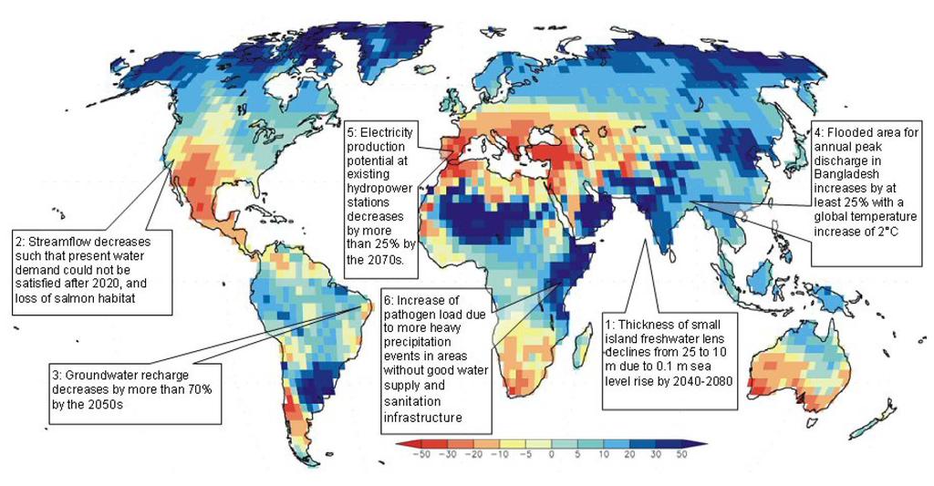 change of annual runoff Figure 3.8: Illustrative map of future climate change impacts on freshwater which are a threat to the sustainable development of the affected regions. 1: Bobba et al.