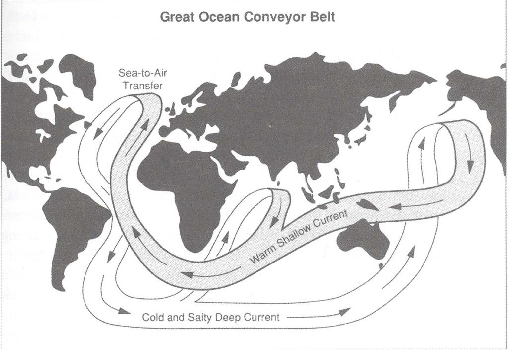13 The Oceanic Conveyor Belt Moves Heat Poleward The oceanic conveyor belt consists of (1) sinking in the North Atlantic polar region - as the ocean gives up its heat to the atmosphere- (2) deep