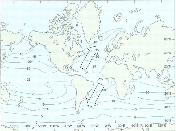 2 Surface Ocean Heat Transport The latitudinal deviations in the isotherms reflect the effects of ocean surface currents, which consist of clockwise gyres with particularly intense currents