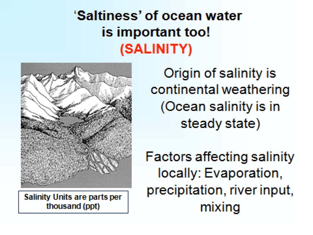 6 Salinity Salinity is the term used to reflect the saltiness of the water.
