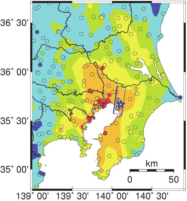 Seismic intensity scale and the rupture starting point (a star) of the Ansei-edo earthquake estimated by using 050723 assuming Mw7.1. Figure 7.