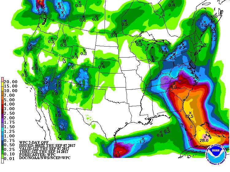 5 Day Cumulative Rainfall Forecast (does not account for higher totals) Irma has the potential to bring 7-12