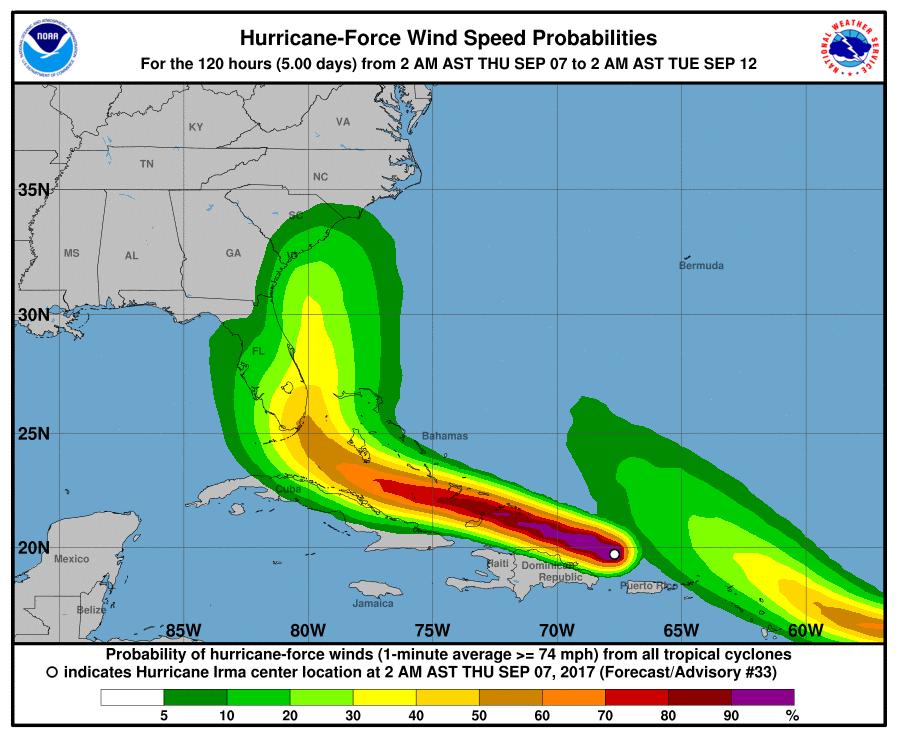 Chances for hurricane force winds have increased to a 1 in 3 chance or greater