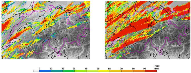 383 Symposium 7: Alpine Meteorology Figure 2: Left panel: Synthetic daily maximum POH (Probability of Hail) product [%] of July 23, 2009, of the COSMO one-moment scheme 2 UTC forecast.