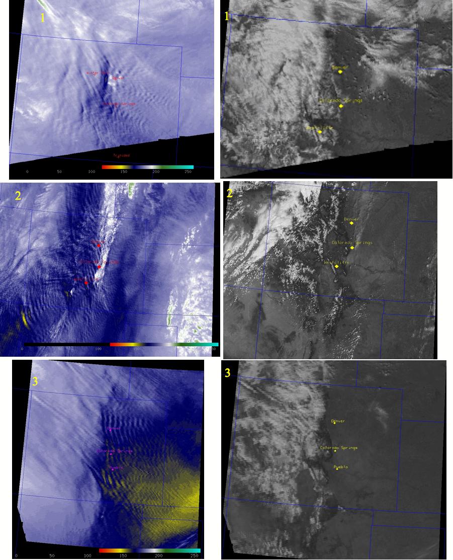 Figure 2. Aqua MODIS channel 27 (6.7 um water vapor) and channel 1 (visible) at 1) 06 March at 1950Z, 2) 05 May at 1800Z, and 3) 30 December at 1930Z. All images are from 2004 and over Colorado, U.S. Animations of this simulation is available at http://cimss.