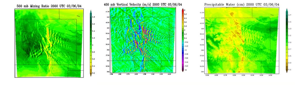 Figure 3: WRF-ARW 500 hpa water vapor mixing ratio, 400 hpa vertical velocity, and total integrated precipitable water for 06 March 2004. Figure 4 shows the comparison between observed MODIS 6.