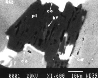 Fig. 4a. This scanning-electron photomicrograph is an image in the center of a soda-rich core of a plagioclase crystal in Fig. 3, but now magnified 1,600x.