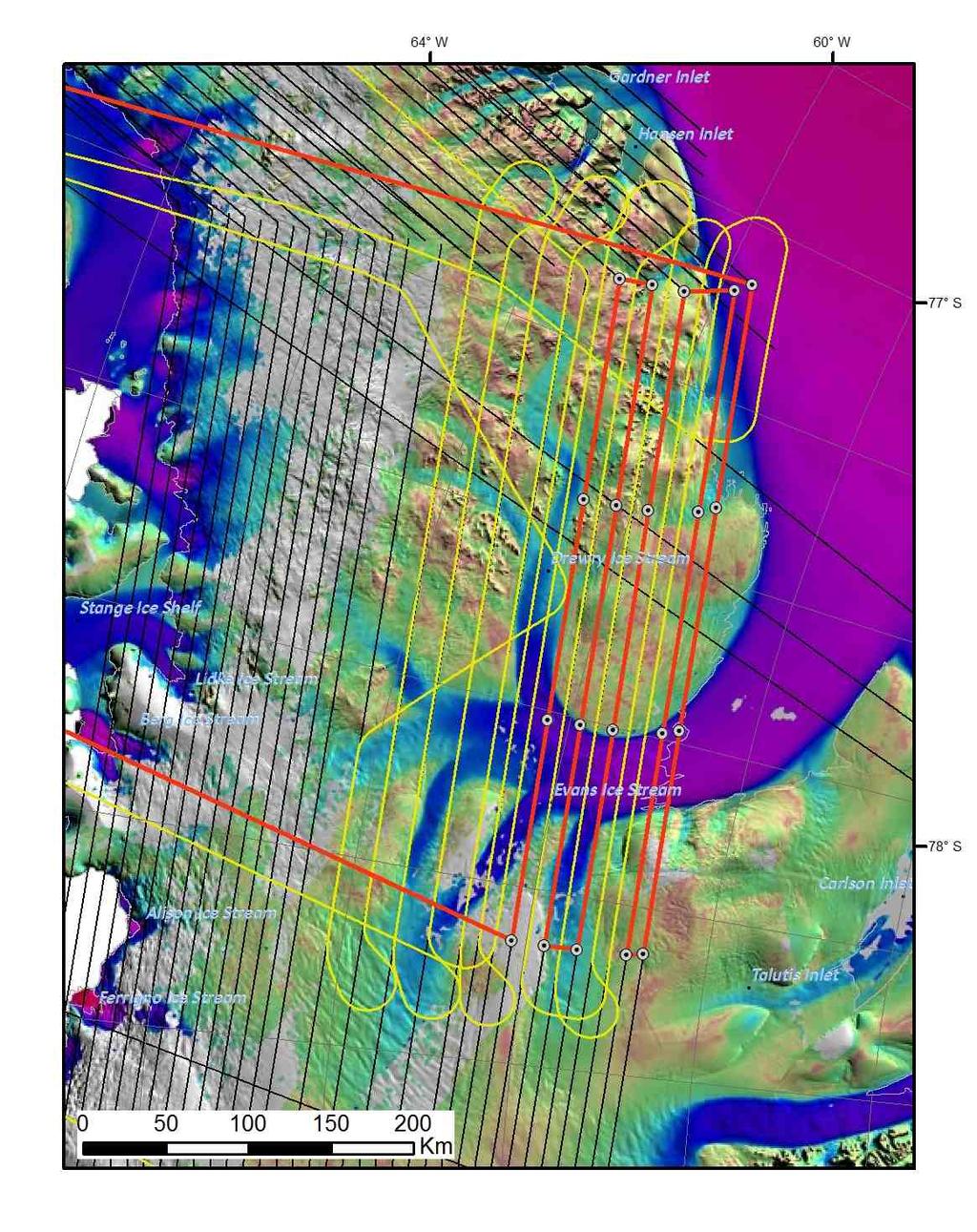 LVIS 2012 Antarctica Mapping Lines 7/13/12 15 Evans: Priority 3 Flight: Evans Fill Within P3 Area: Lowest 20km line spacing.