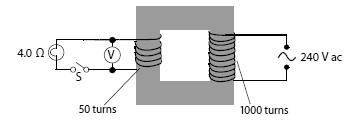 2. The figure shows a step-down transformer used to light a filament lamp with a resistance of 4.0 Ω under operating conditions. The secondary coil has an effective resistance of 0.