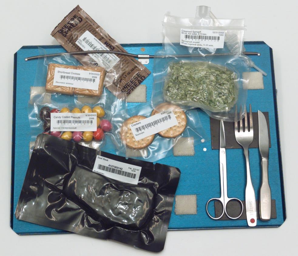 FOOD IN SPACE On the ISS, meals often come in a meal tray, and the meal tray becomes a sort of dinner plate with several foods to choose from. The tray holds the foods down so they don t float away.