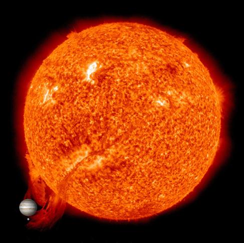 Solar Dynamics Observatory A solar prominence with images of Jupiter and Earth for size comparison Prominence imaged