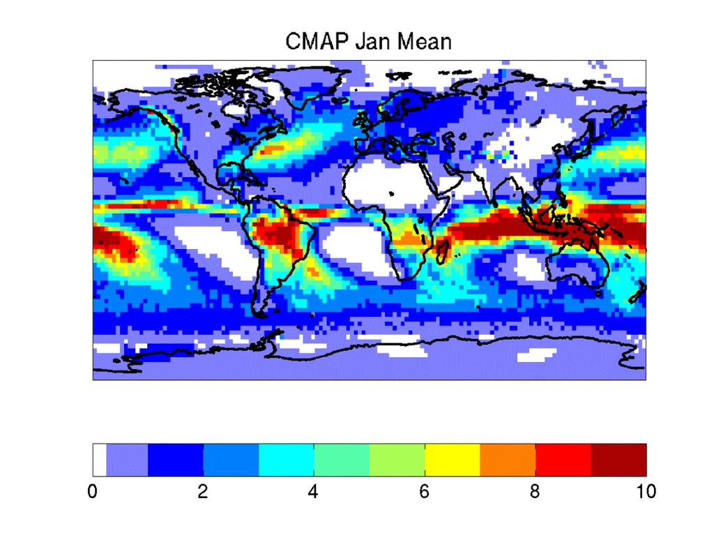 Global Precipitation Climatologies GPCP (left)/cmap (right) mean annual cycle and global mean
