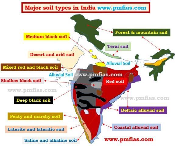 Black cotton soil Extend over Madhya Pradesh, Karnataka, Maharashtra, Andhra Pradesh, Tamil Nadu and Uttar Pradesh, Formed from basalt or trap, Rich in montmorillonite mineral (responsible for