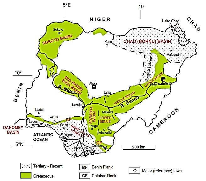 length and 150 km in width. The southern limit is the northern boundary of the Niger Delta, while the northern limit is the southern boundary of the Chad Basin (fig. 2).
